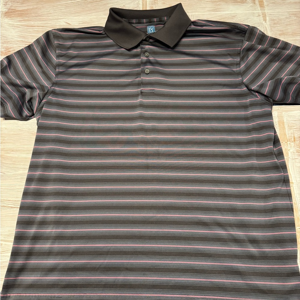 PGA Tour Black and Gray Striped Polo Shirt